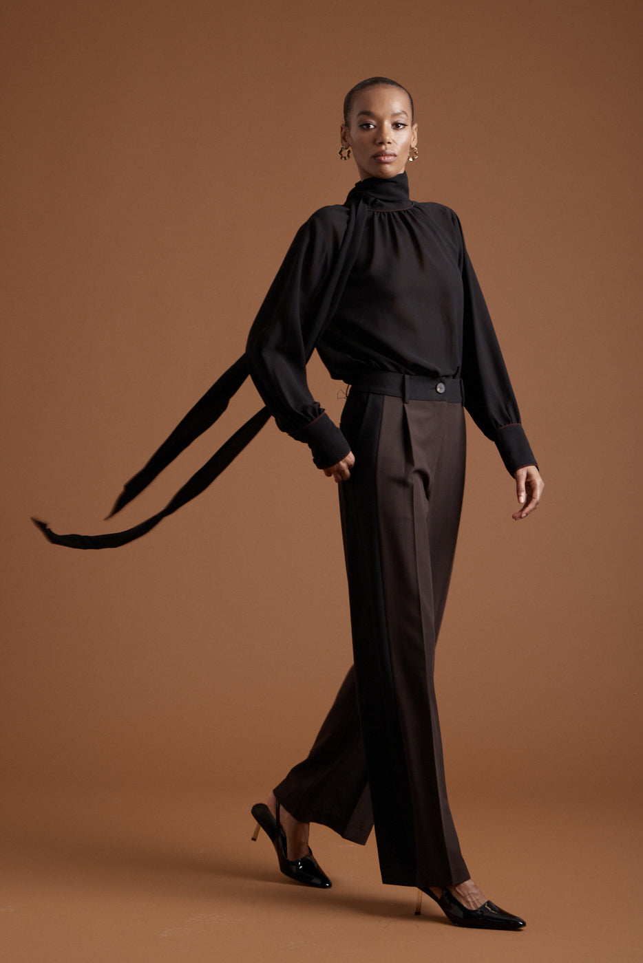 Gabriella Blouse - Black w/ Chocolate Piping