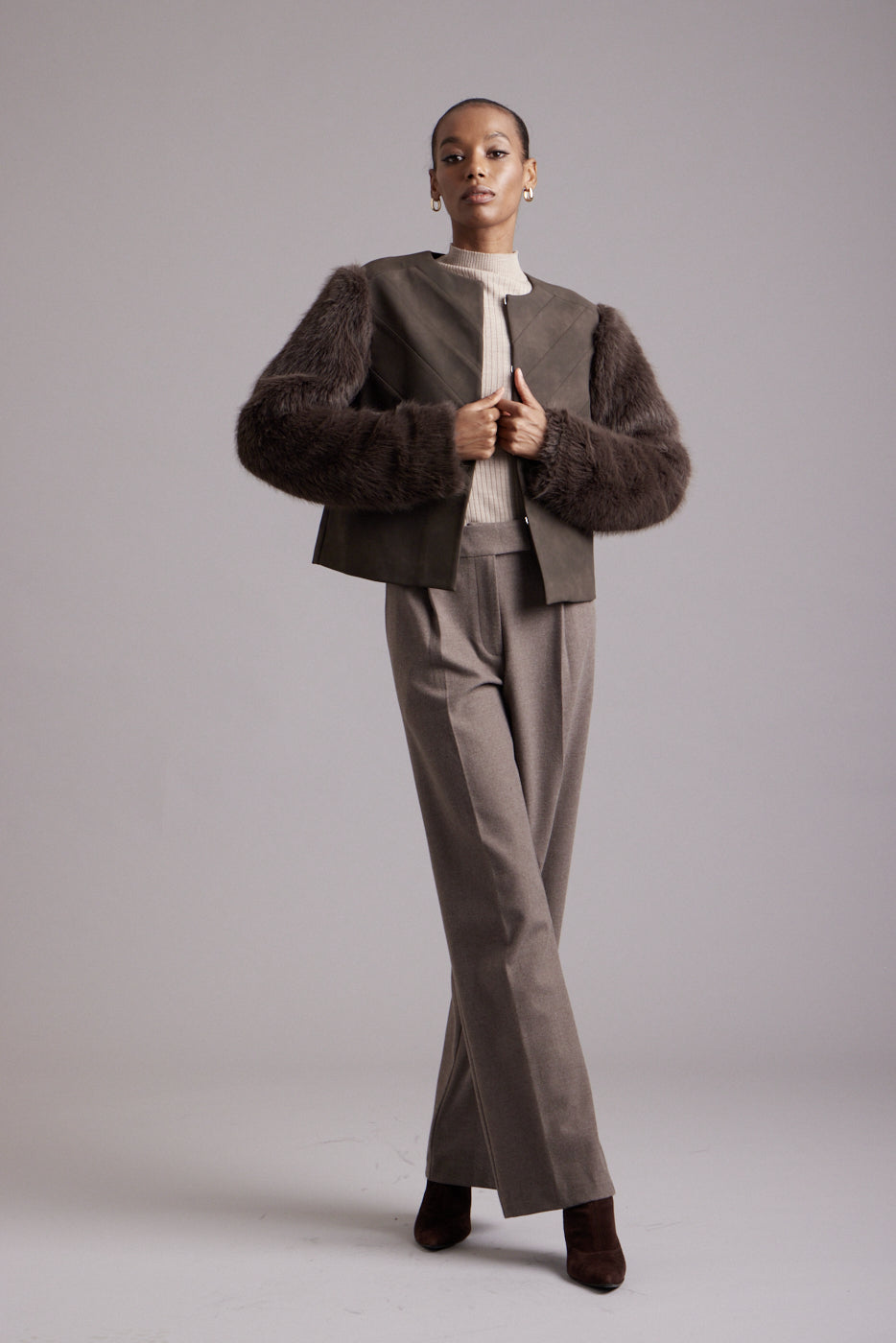 Brooke Suede Jacket w/Faux Fur Suede Sleeves - Espresso