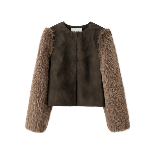 Brooke Suede Jacket w/Faux Fur Suede Sleeves - Espresso