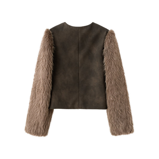 Brooke Suede Jacket w/Faux Fur Suede Sleeves - Espresso