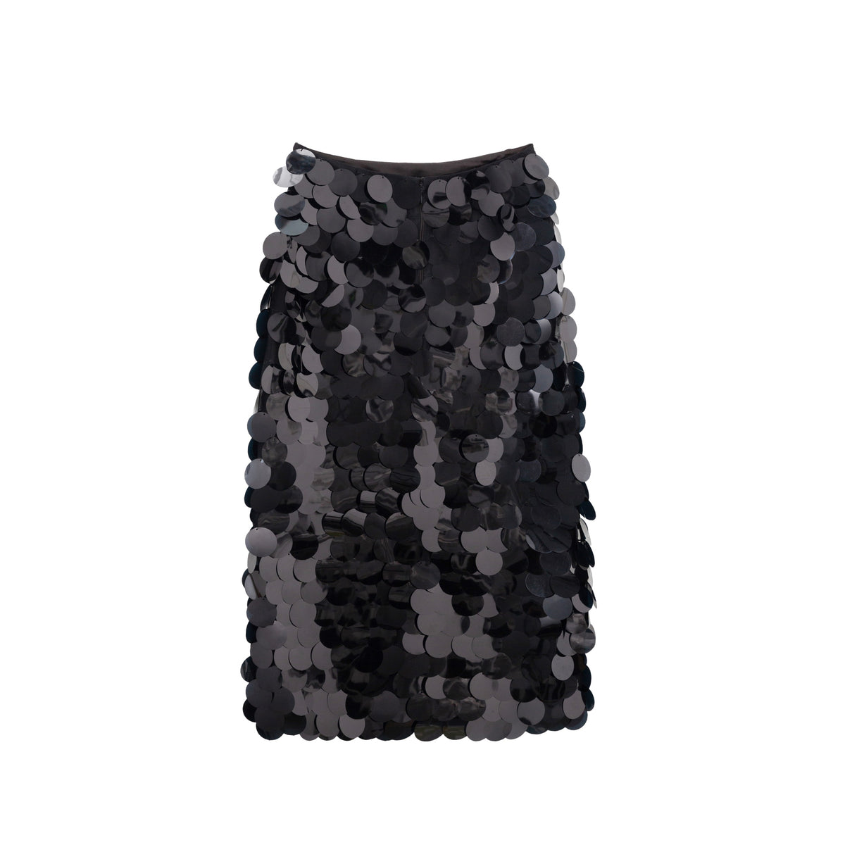 A black sequined pencil skirt with large, overlapping round sequins.